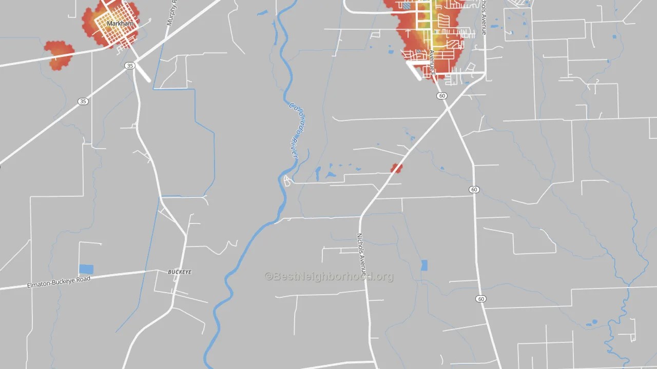 Walk Grade map of Buckeye, TX, walkable areas in green and car-dependent areas in red