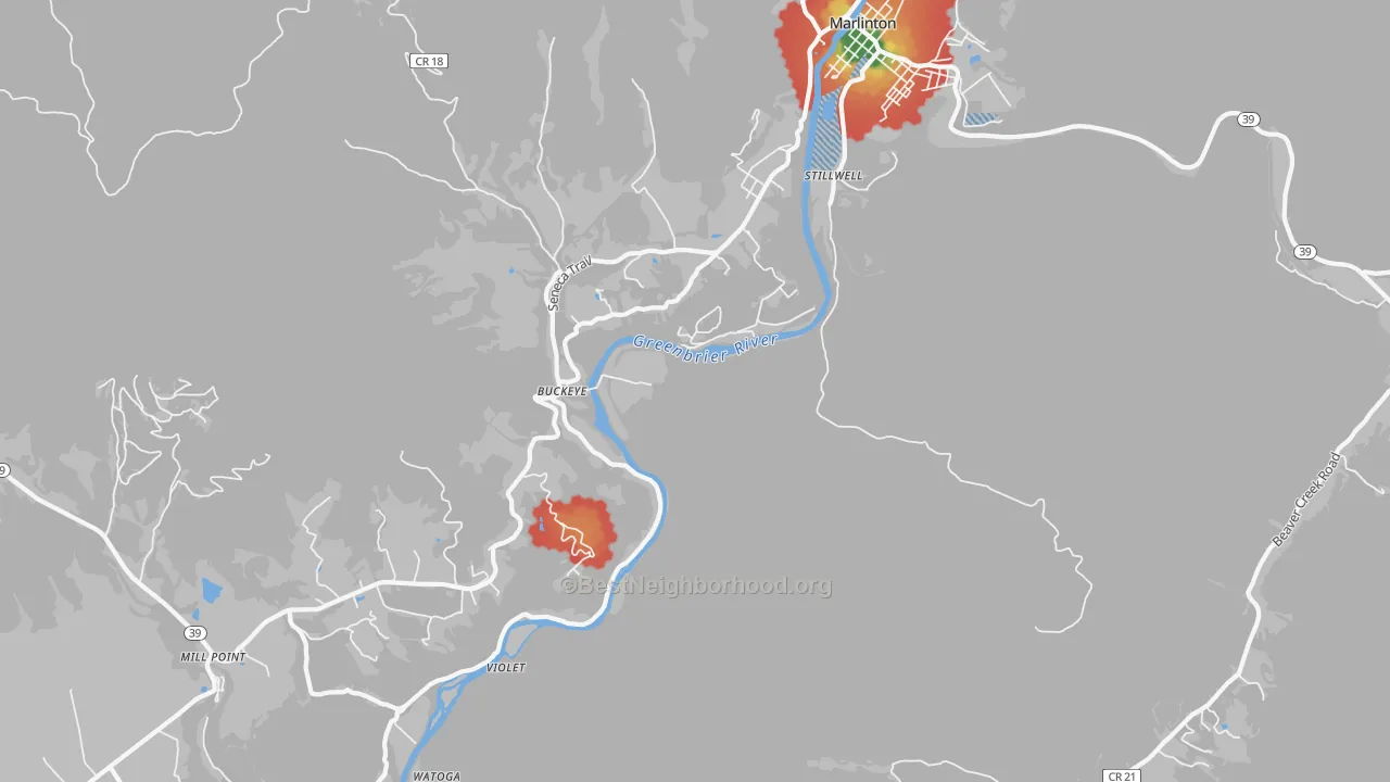 Walk Grade map of Buckeye, WV, walkable areas in green and car-dependent areas in red