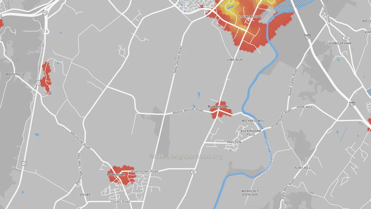 Walk Grade map of Buckeystown, MD, walkable areas in green and car-dependent areas in red