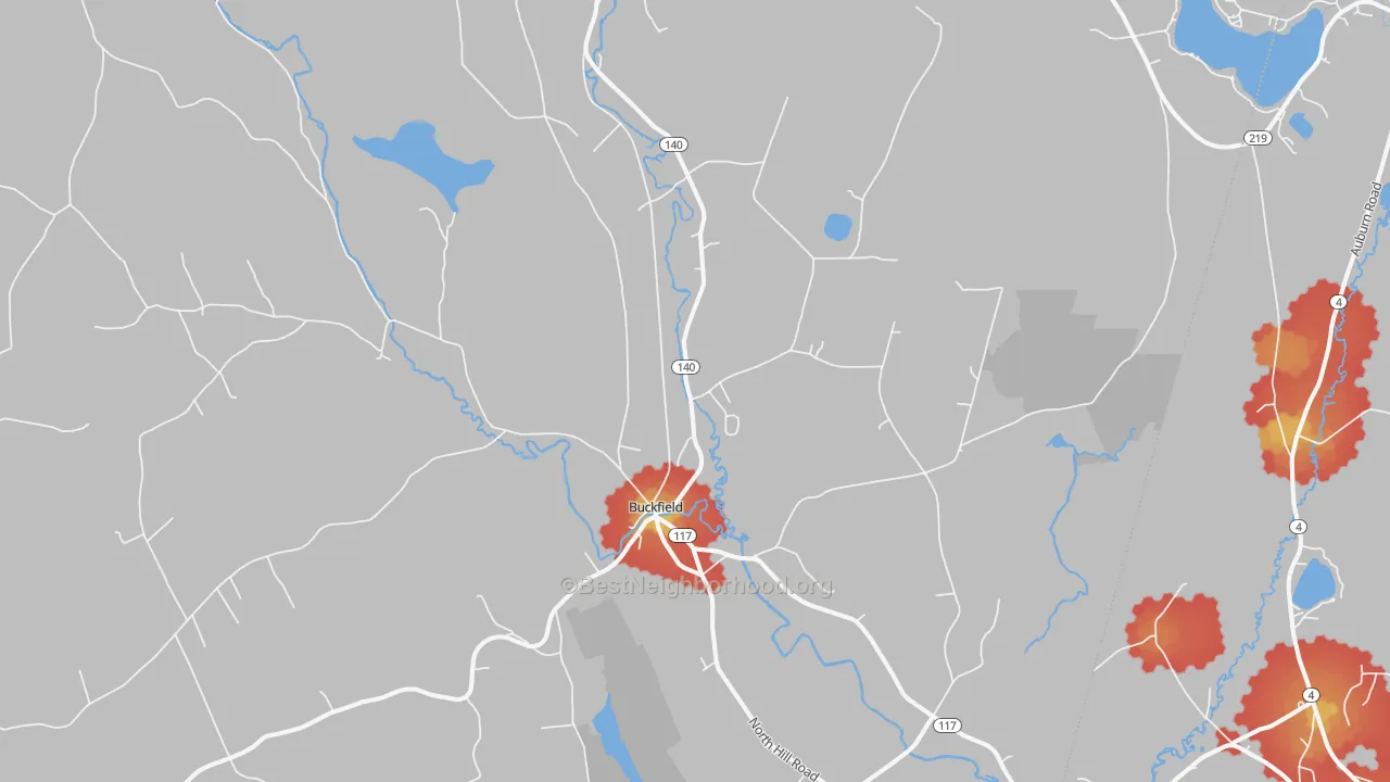 Walk Grade map of Buckfield, ME, walkable areas in green and car-dependent areas in red