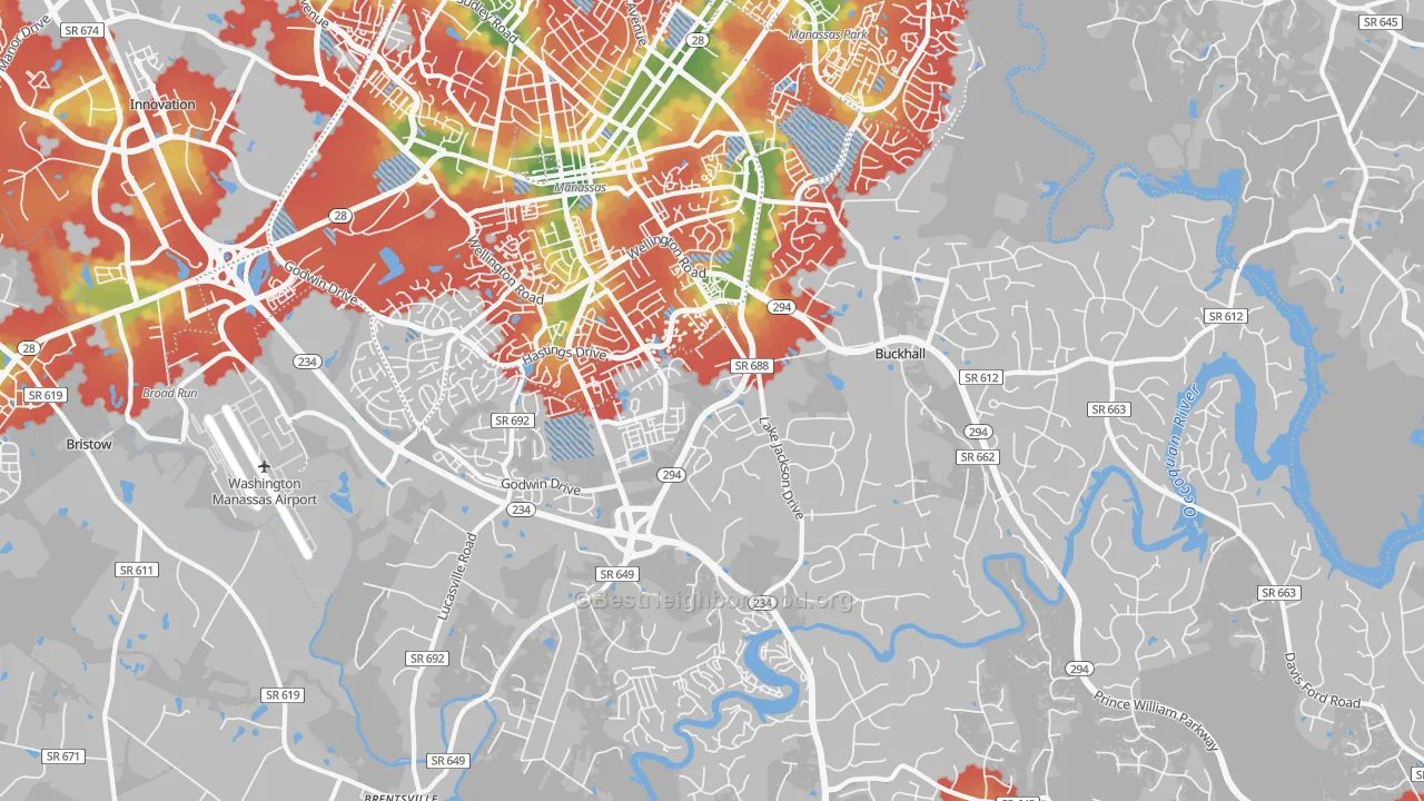 Walk Grade map of Buckhall, VA, walkable areas in green and car-dependent areas in red