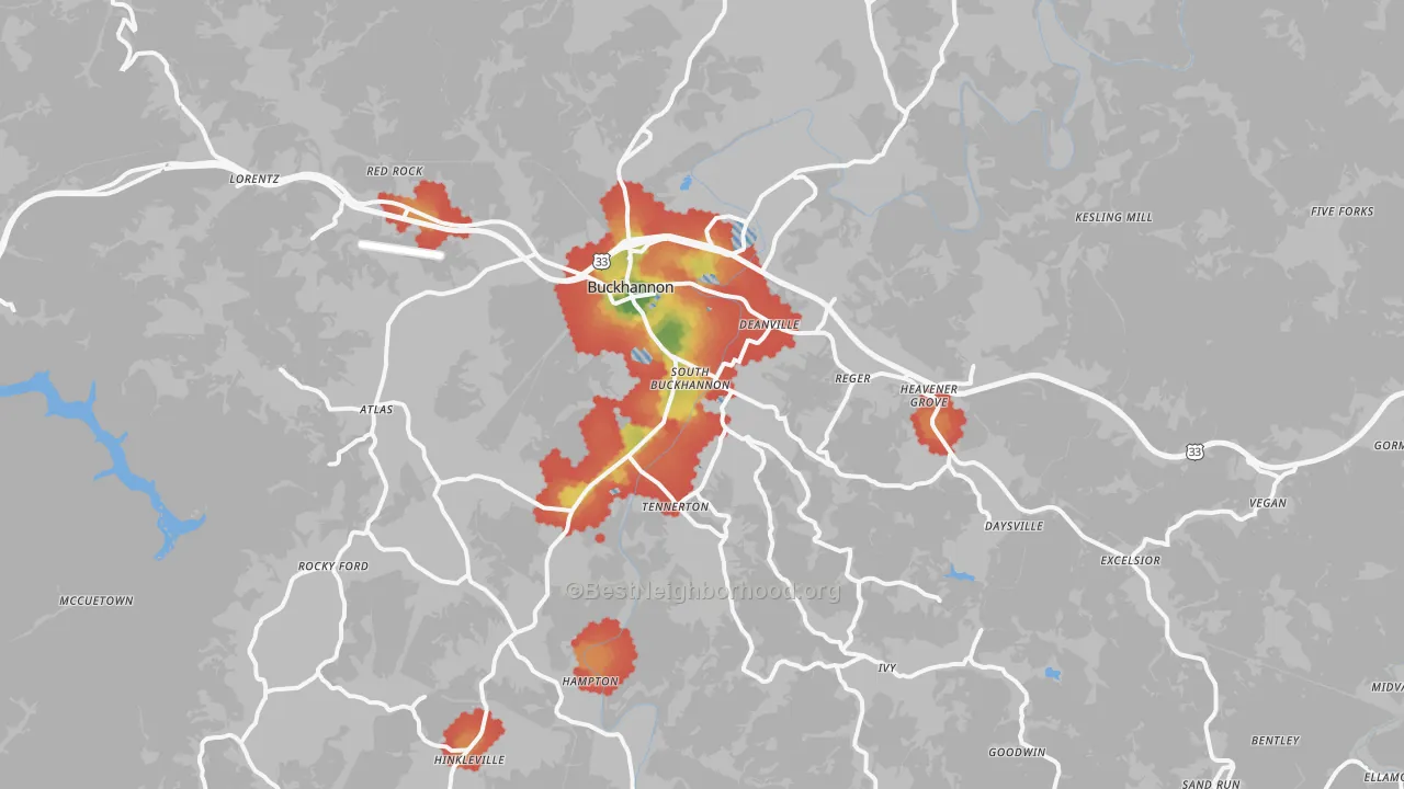 Walk Grade map of Buckhannon, WV, walkable areas in green and car-dependent areas in red