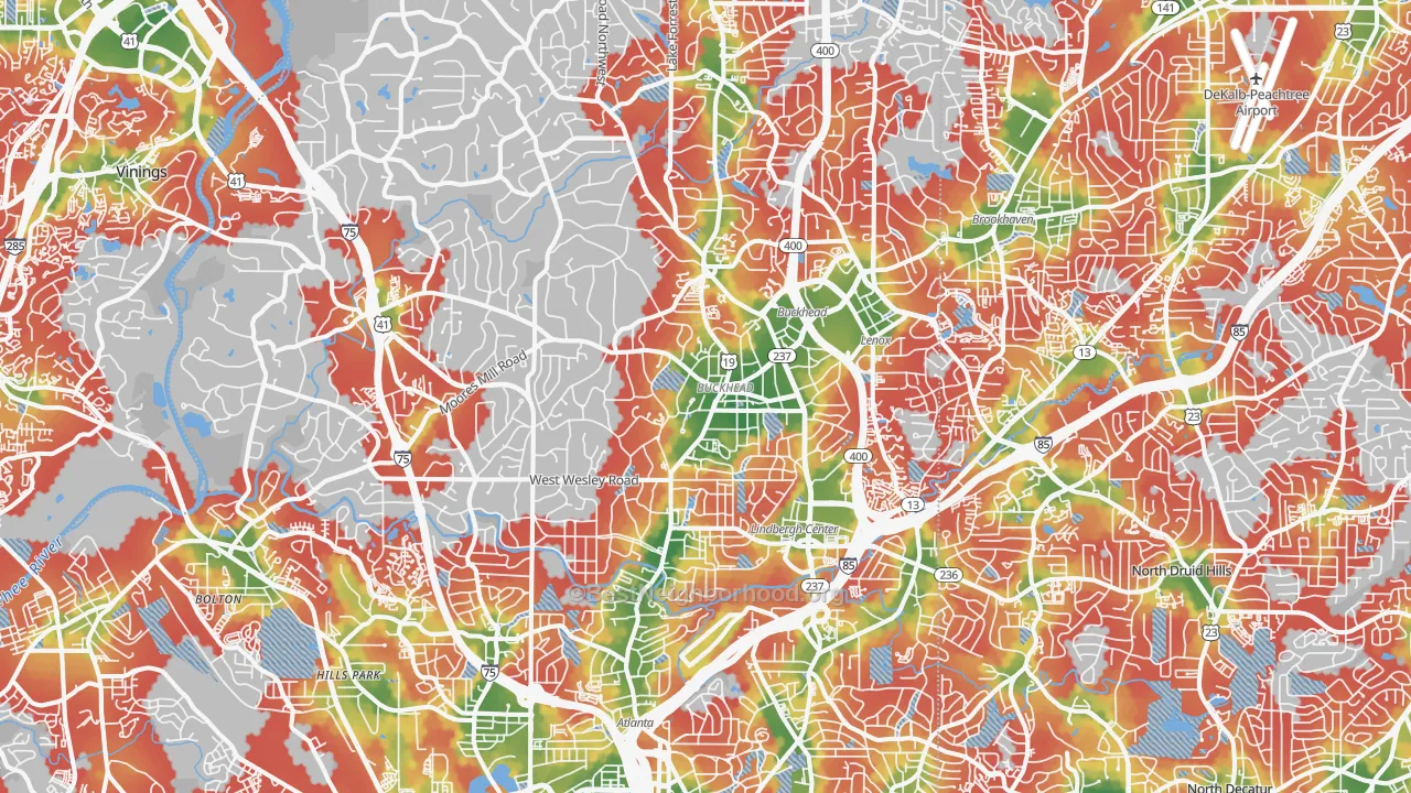 Walk Grade map of Buckhead, Atlanta, GA, walkable areas in green and car-dependent areas in red