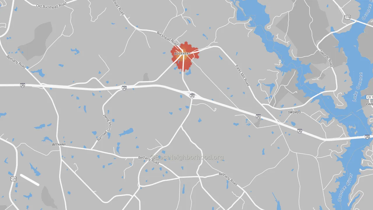 Walk Grade map of Buckhead, GA, walkable areas in green and car-dependent areas in red