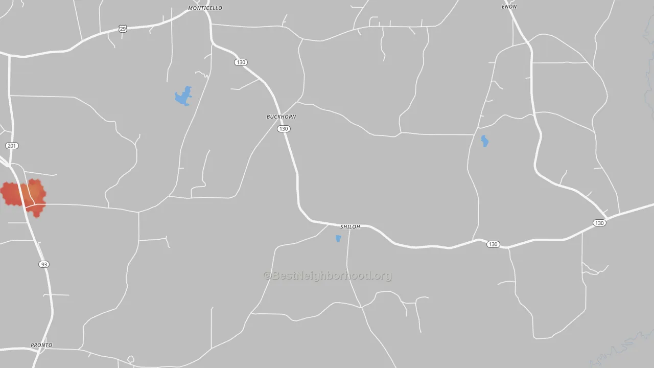 Walk Grade map of Buckhorn, AL, walkable areas in green and car-dependent areas in red