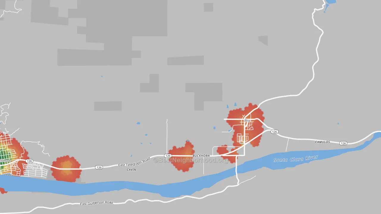 Walk Grade map of Buckhorn, CA, walkable areas in green and car-dependent areas in red