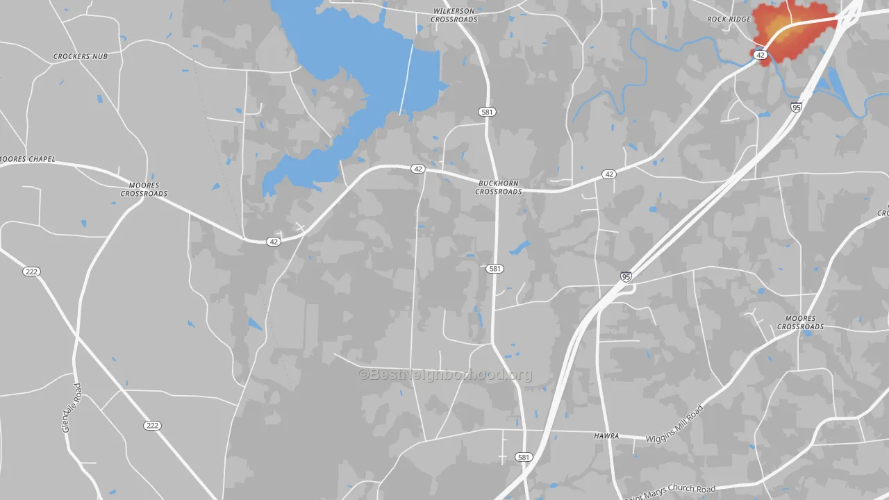 Walk Grade map of Buckhorn Crossroads, NC, walkable areas in green and car-dependent areas in red