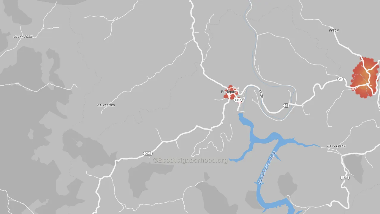 Walk Grade map of Buckhorn, KY, walkable areas in green and car-dependent areas in red