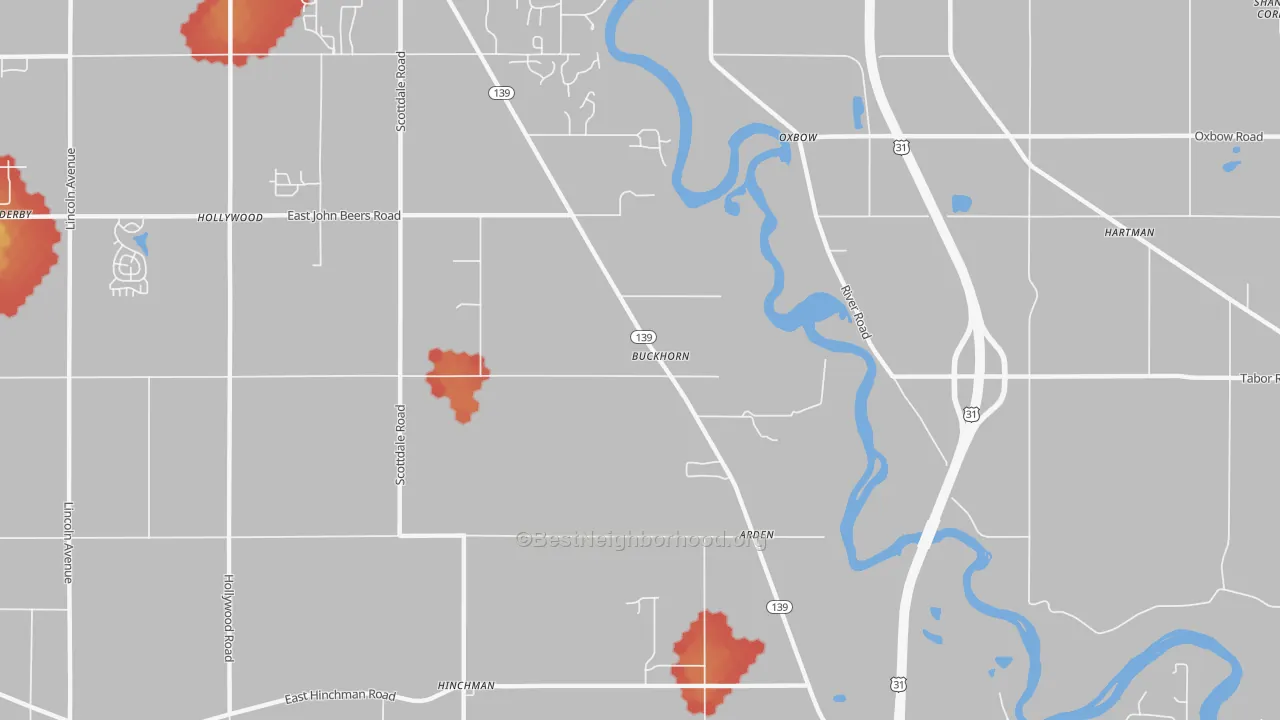 Walk Grade map of Buckhorn, MI, walkable areas in green and car-dependent areas in red