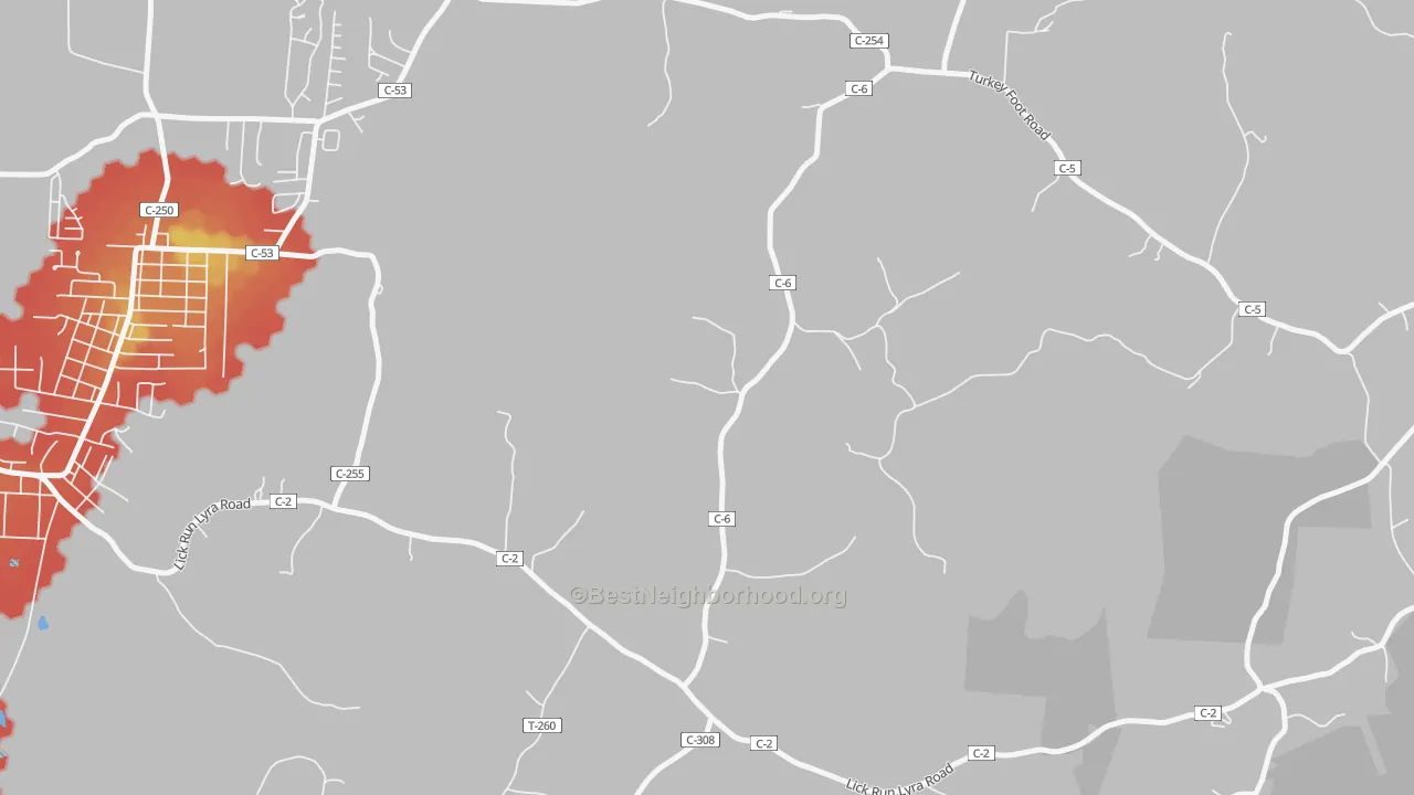 Walk Grade map of Buckhorn, OH, walkable areas in green and car-dependent areas in red