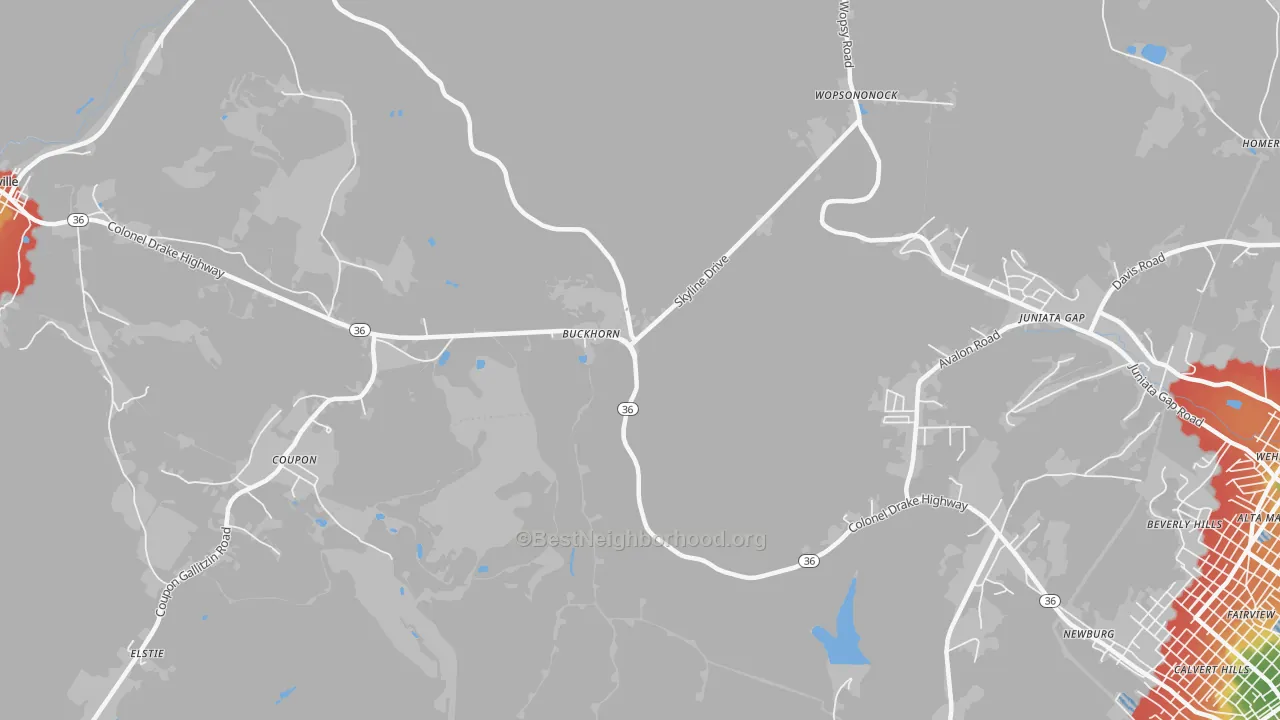 Walk Grade map of Buckhorn, PA, walkable areas in green and car-dependent areas in red
