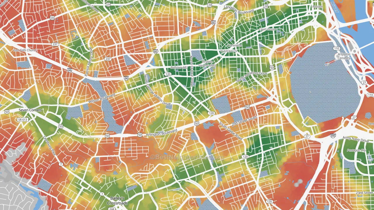 Walk Grade map of Buckingham, Arlington, VA, walkable areas in green and car-dependent areas in red