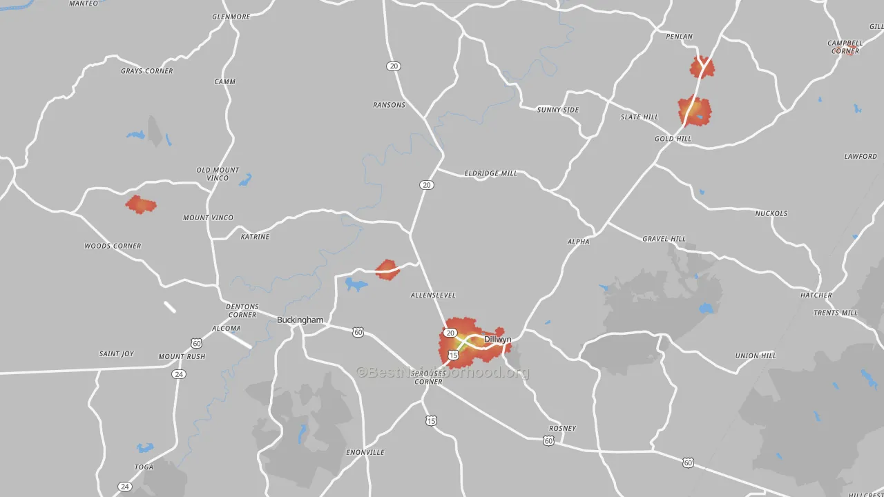 Walk Grade map of Buckingham County, VA, walkable areas in green and car-dependent areas in red