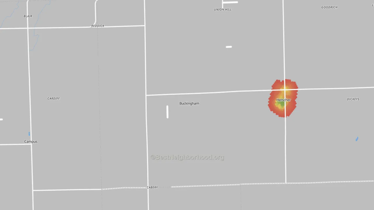 Walk Grade map of Buckingham, IL, walkable areas in green and car-dependent areas in red
