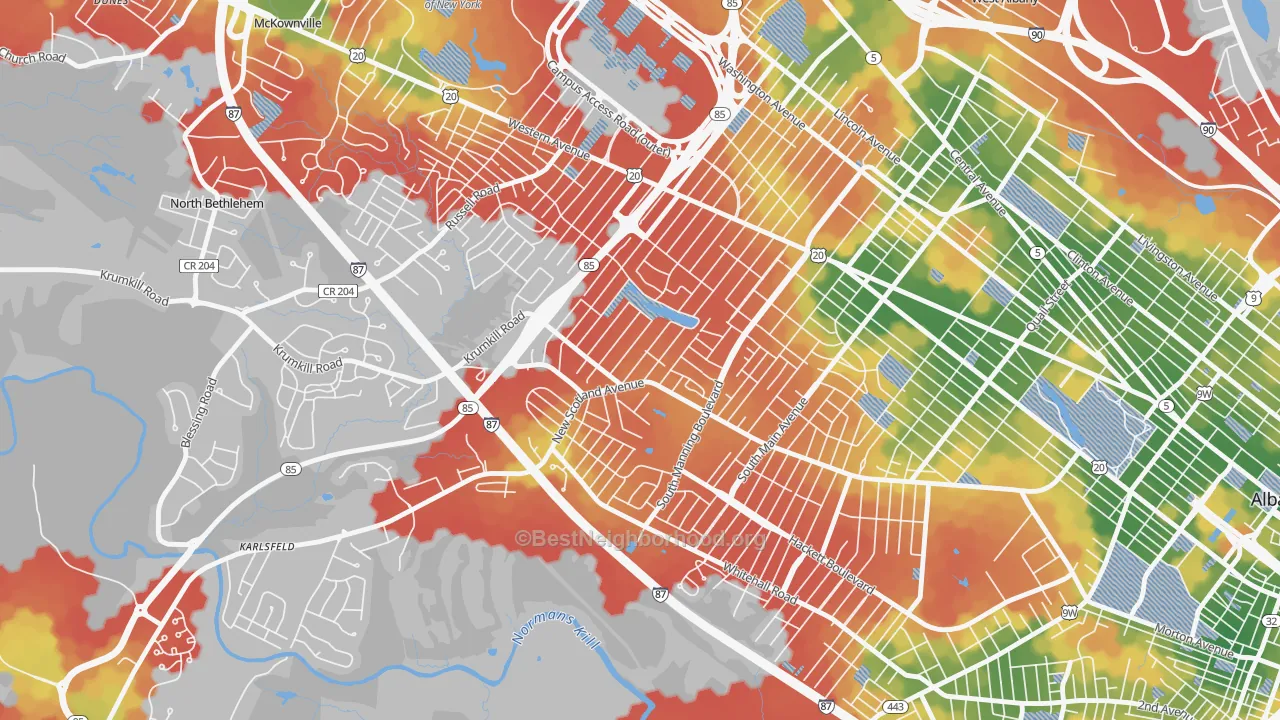 Walk Grade map of Buckingham Lake-Crestwood, Albany, NY, walkable areas in green and car-dependent areas in red