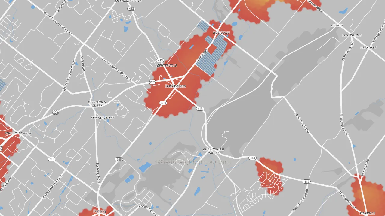 Walk Grade map of Buckingham, PA, walkable areas in green and car-dependent areas in red