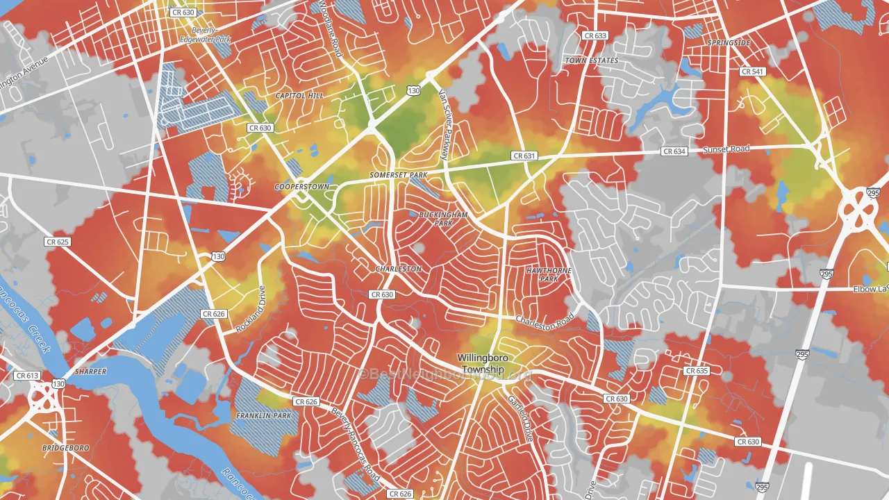 Walk Grade map of Buckingham Park, Willingboro, NJ, walkable areas in green and car-dependent areas in red