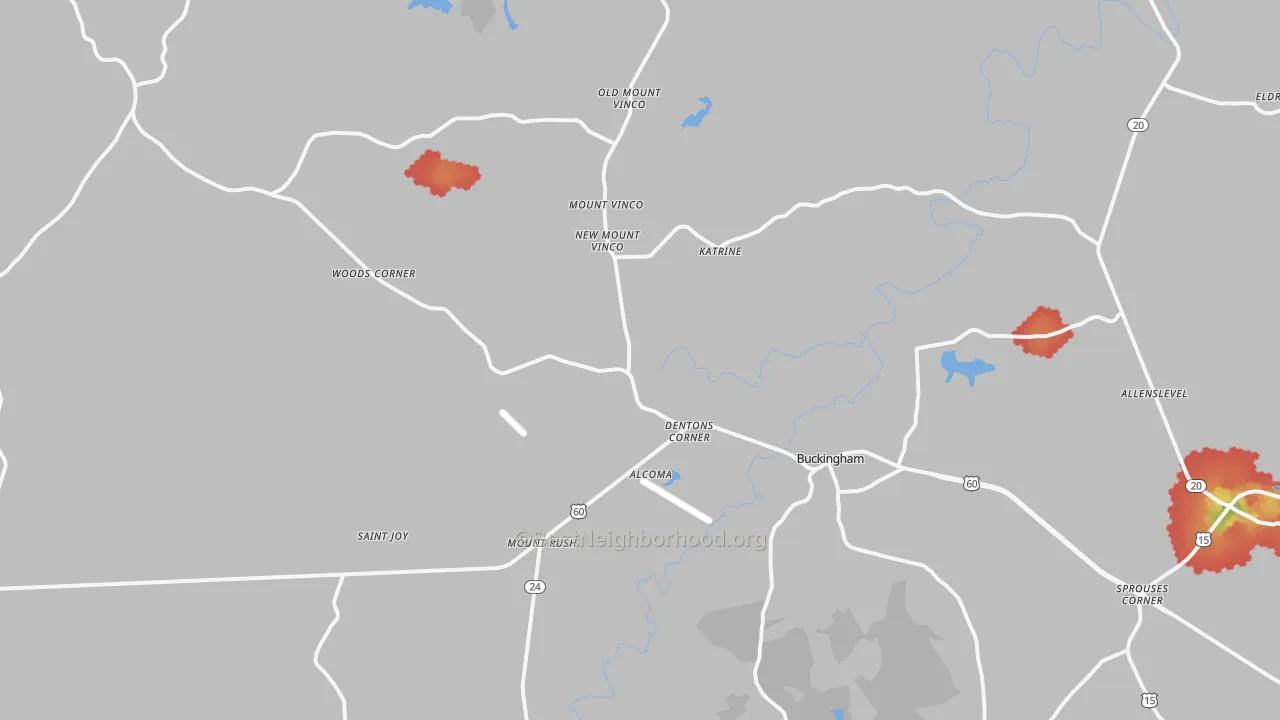 Walk Grade map of Buckingham, VA, walkable areas in green and car-dependent areas in red