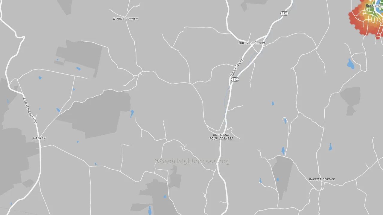 Walk Grade map of Buckland, MA, walkable areas in green and car-dependent areas in red