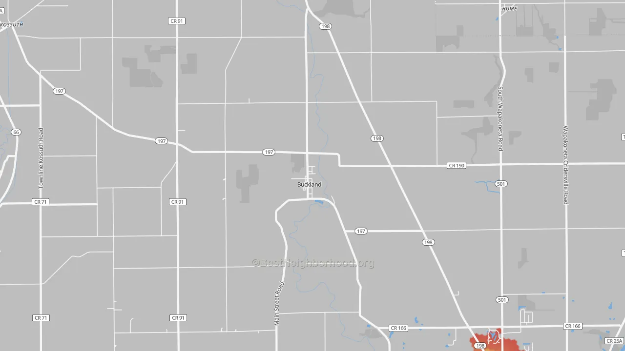 Walk Grade map of Buckland, OH, walkable areas in green and car-dependent areas in red