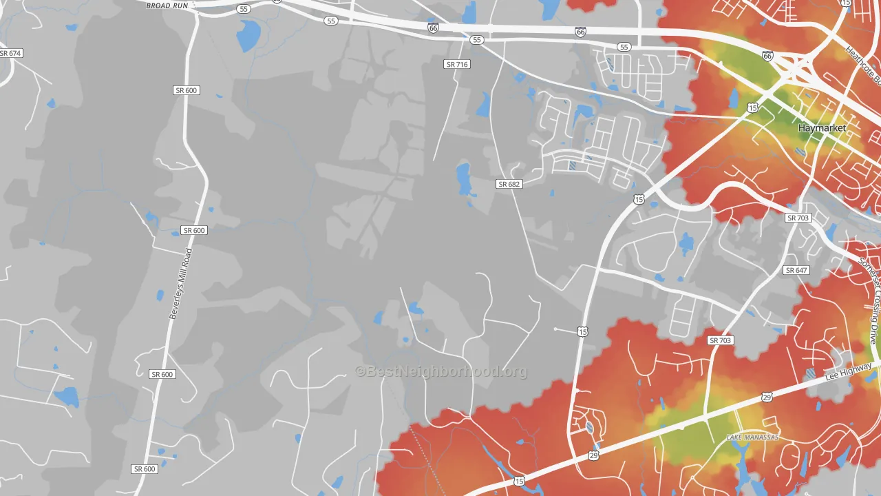 Walk Grade map of Buckland, VA, walkable areas in green and car-dependent areas in red
