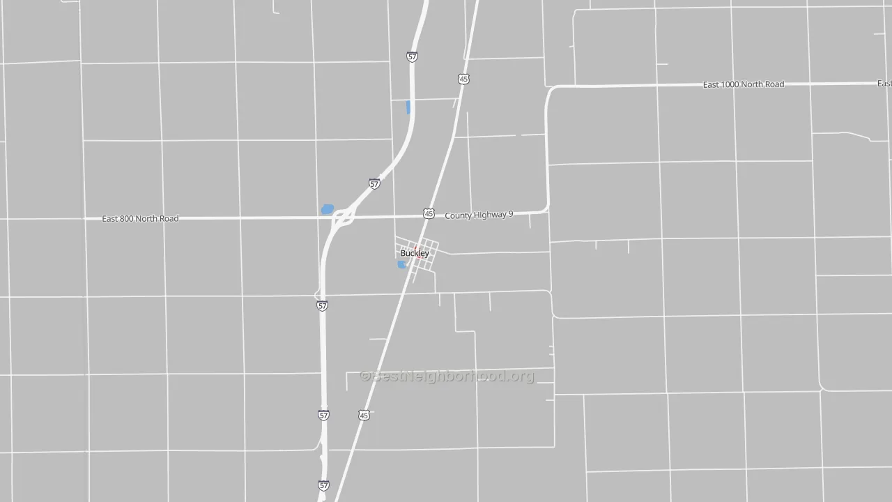 Walk Grade map of Buckley, IL, walkable areas in green and car-dependent areas in red