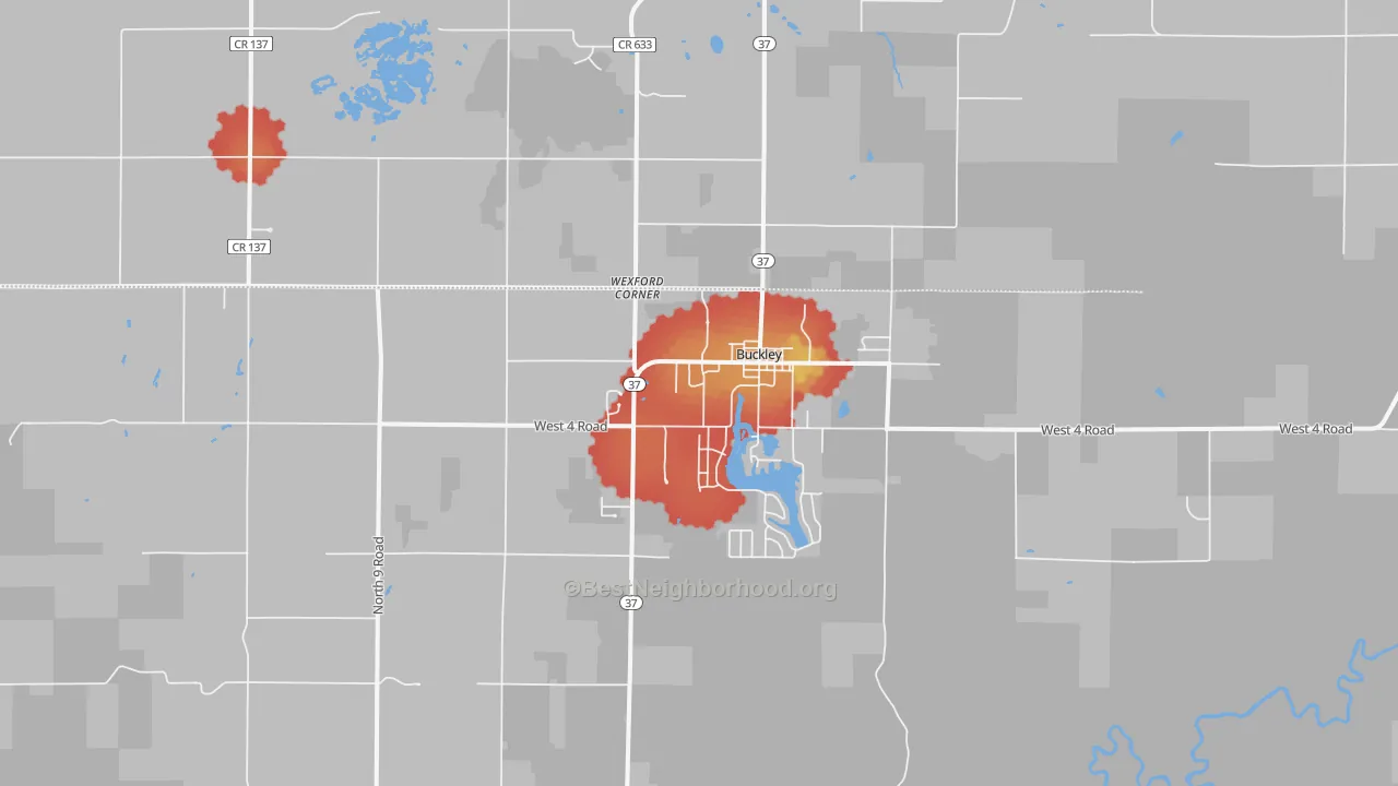Walk Grade map of Buckley, MI, walkable areas in green and car-dependent areas in red