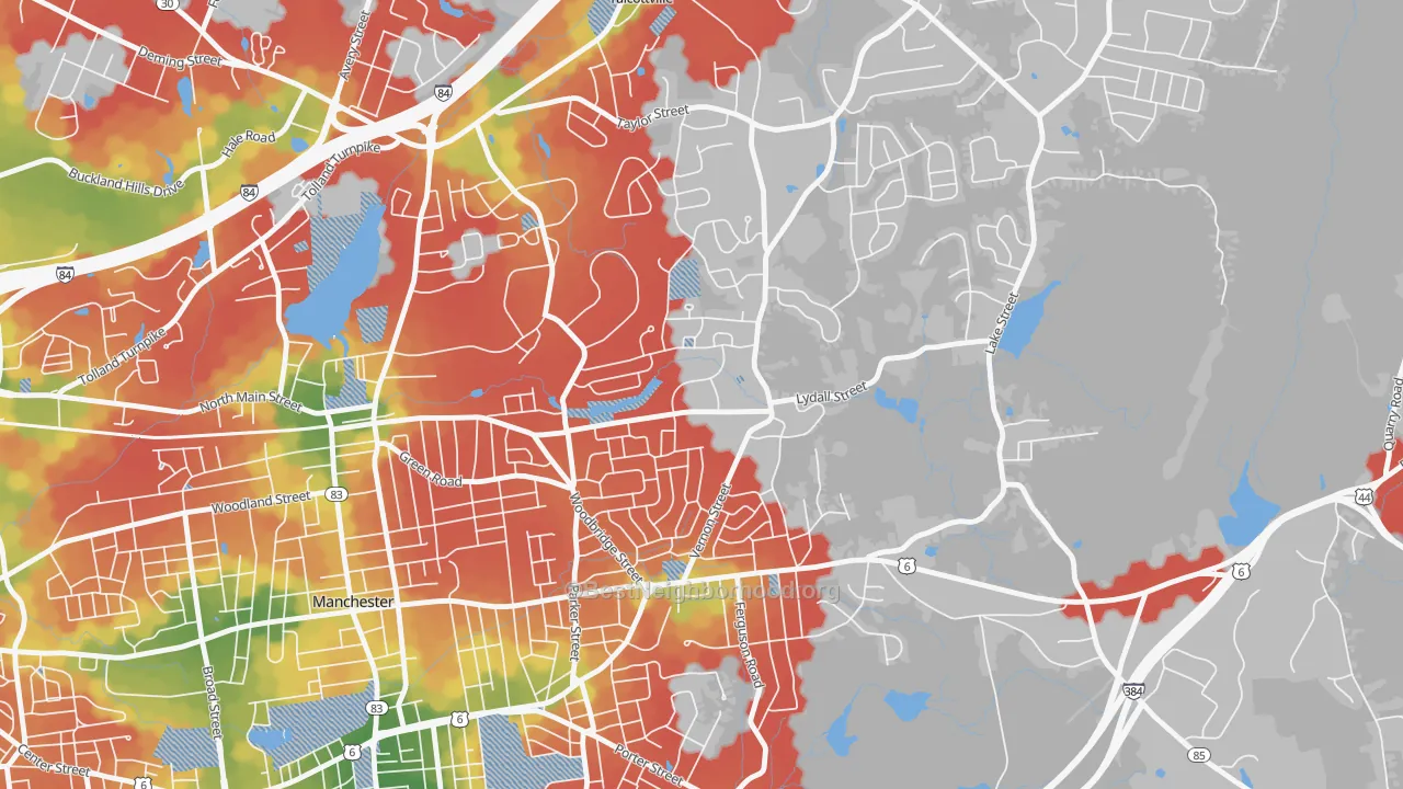 Walk Grade map of Buckley, Oakland, CT, walkable areas in green and car-dependent areas in red