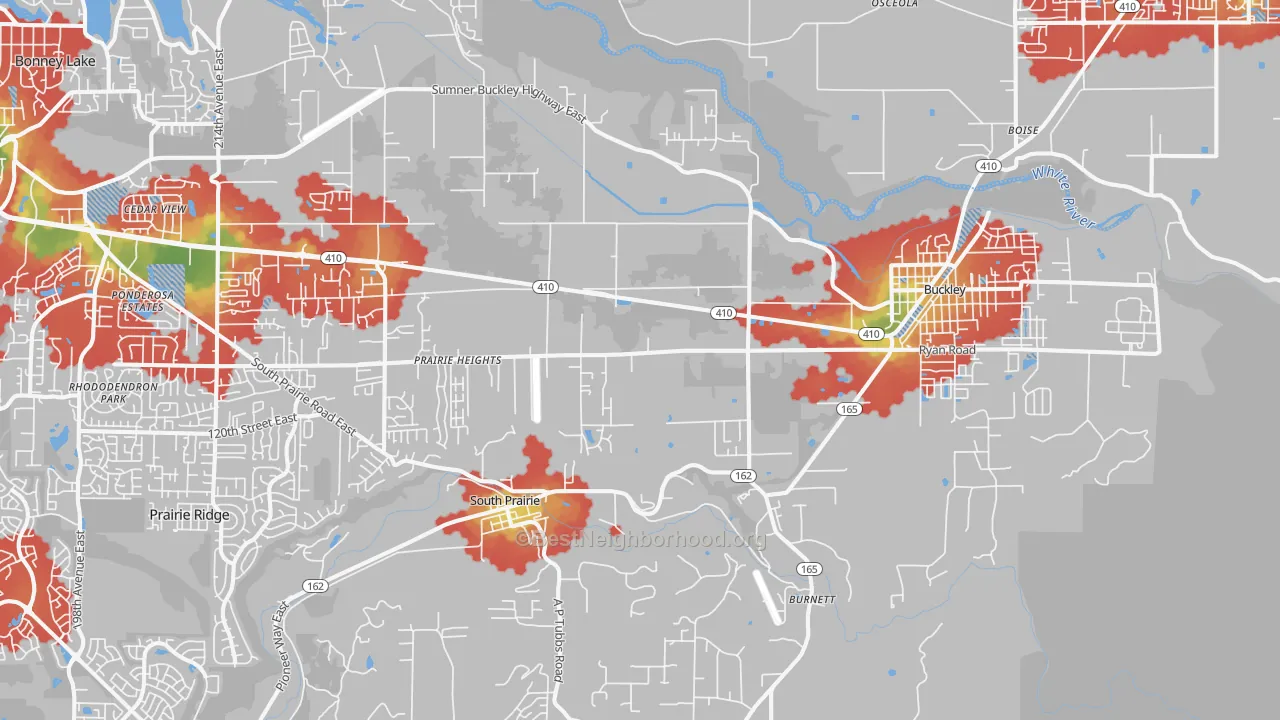 Walk Grade map of Buckley, WA, walkable areas in green and car-dependent areas in red