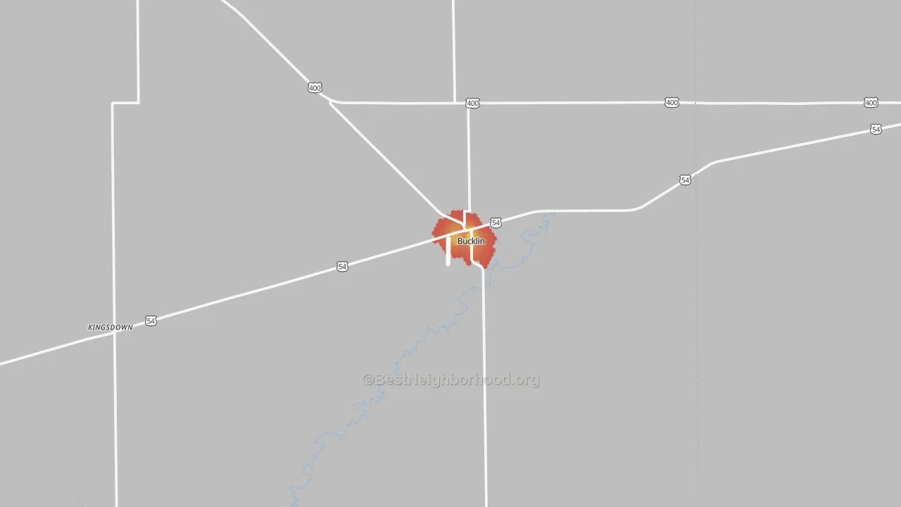Walk Grade map of Bucklin, KS, walkable areas in green and car-dependent areas in red