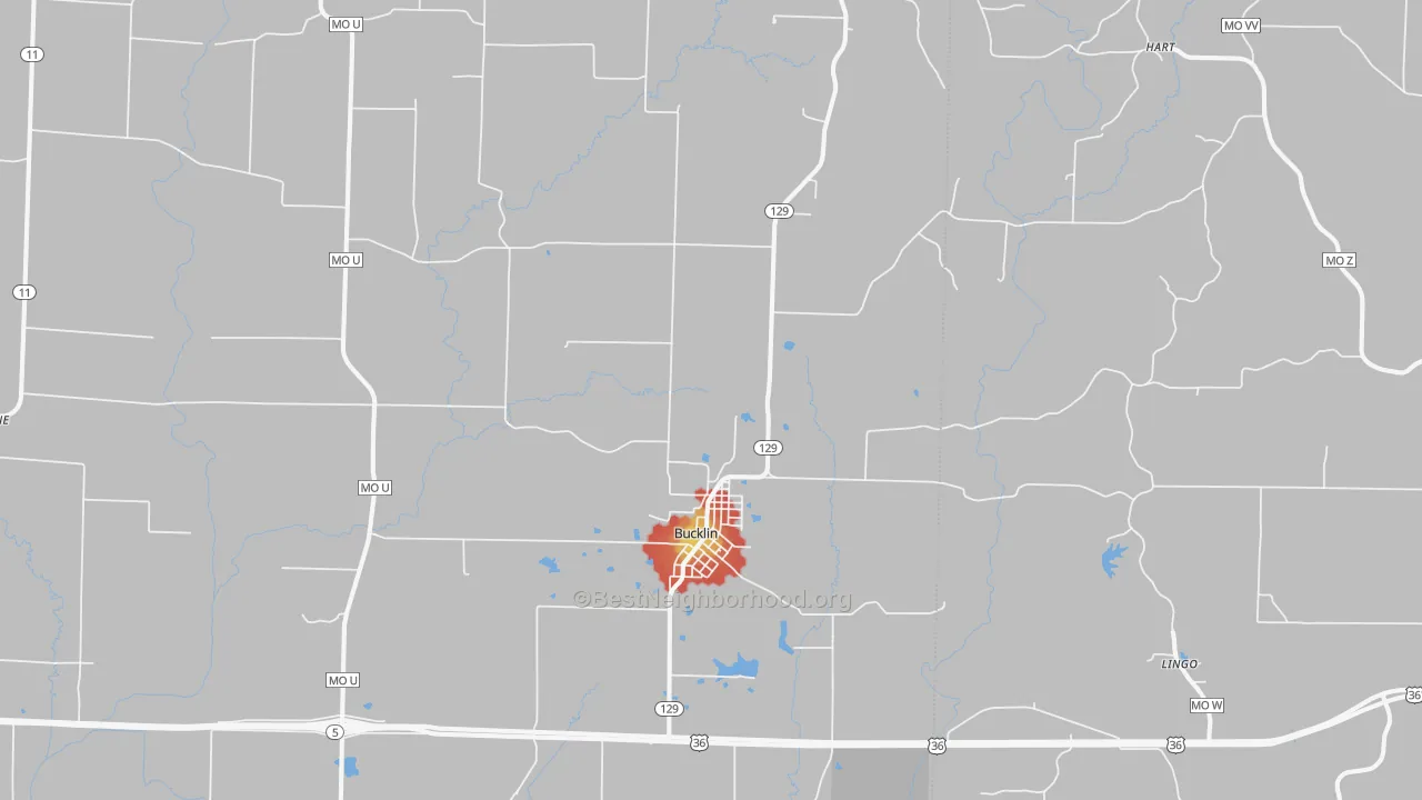 Walk Grade map of Bucklin, MO, walkable areas in green and car-dependent areas in red