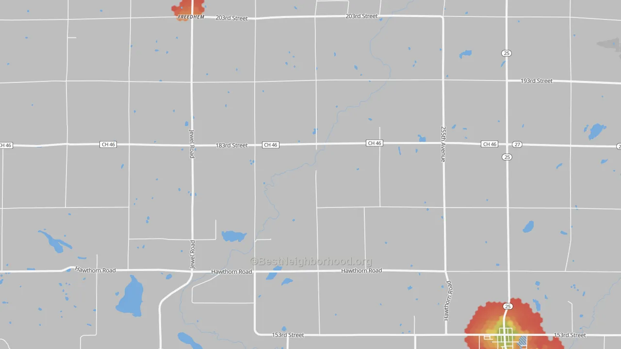 Walk Grade map of Buckman, MN, walkable areas in green and car-dependent areas in red