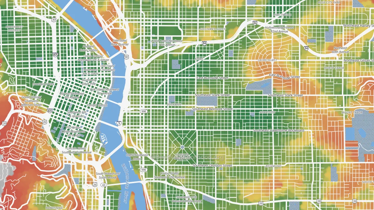 Walk Grade map of Buckman, Portland, OR, walkable areas in green and car-dependent areas in red