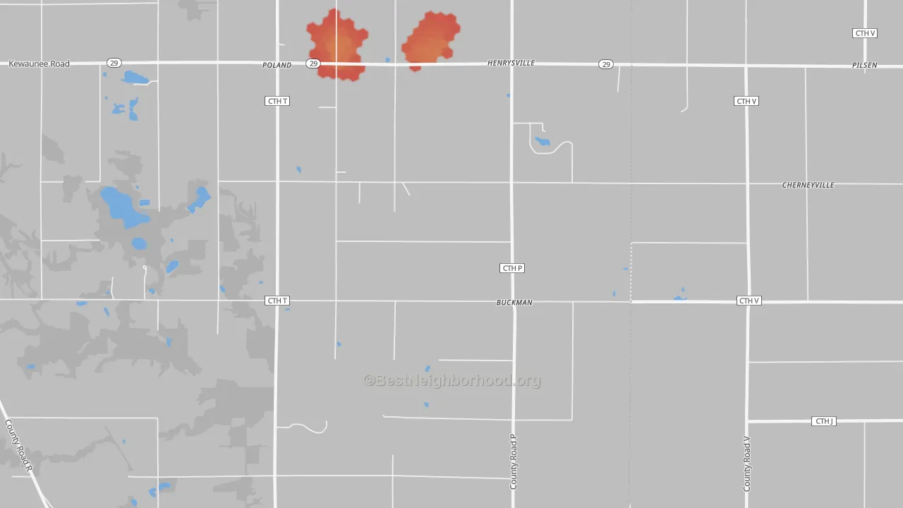 Walk Grade map of Buckman, WI, walkable areas in green and car-dependent areas in red