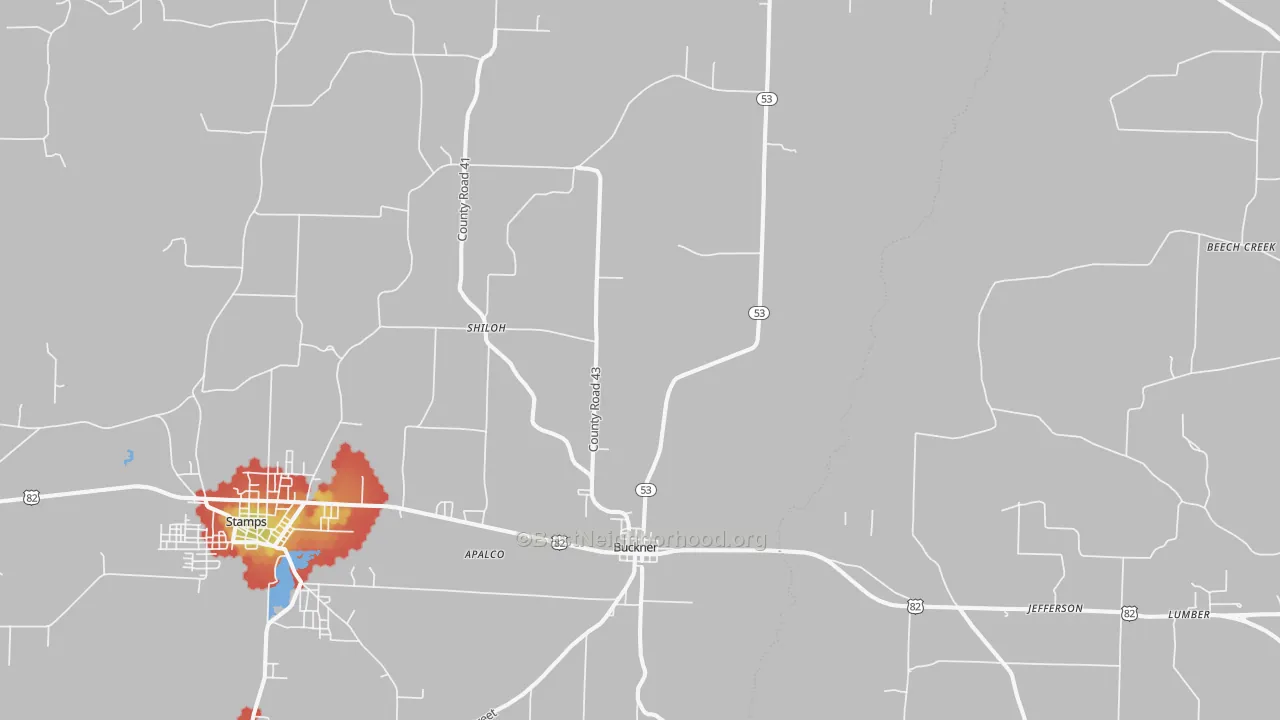 Walk Grade map of Buckner, AR, walkable areas in green and car-dependent areas in red