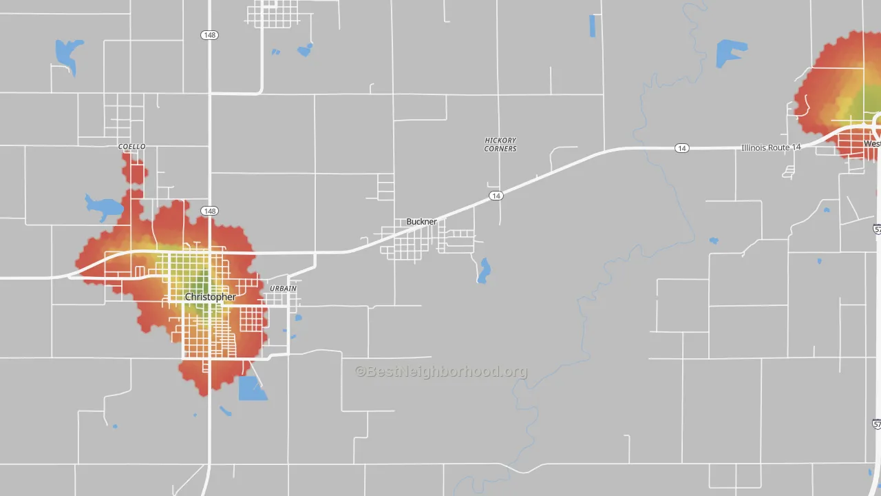 Walk Grade map of Buckner, IL, walkable areas in green and car-dependent areas in red