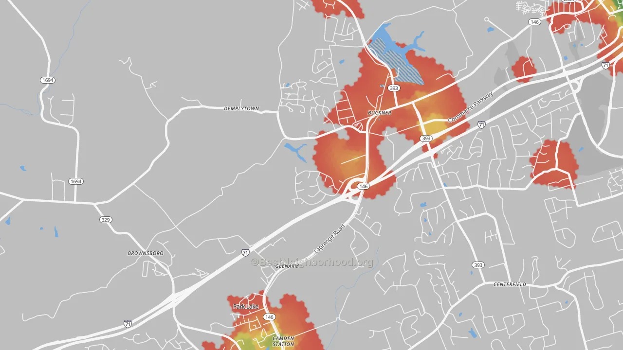 Walk Grade map of Buckner, KY, walkable areas in green and car-dependent areas in red