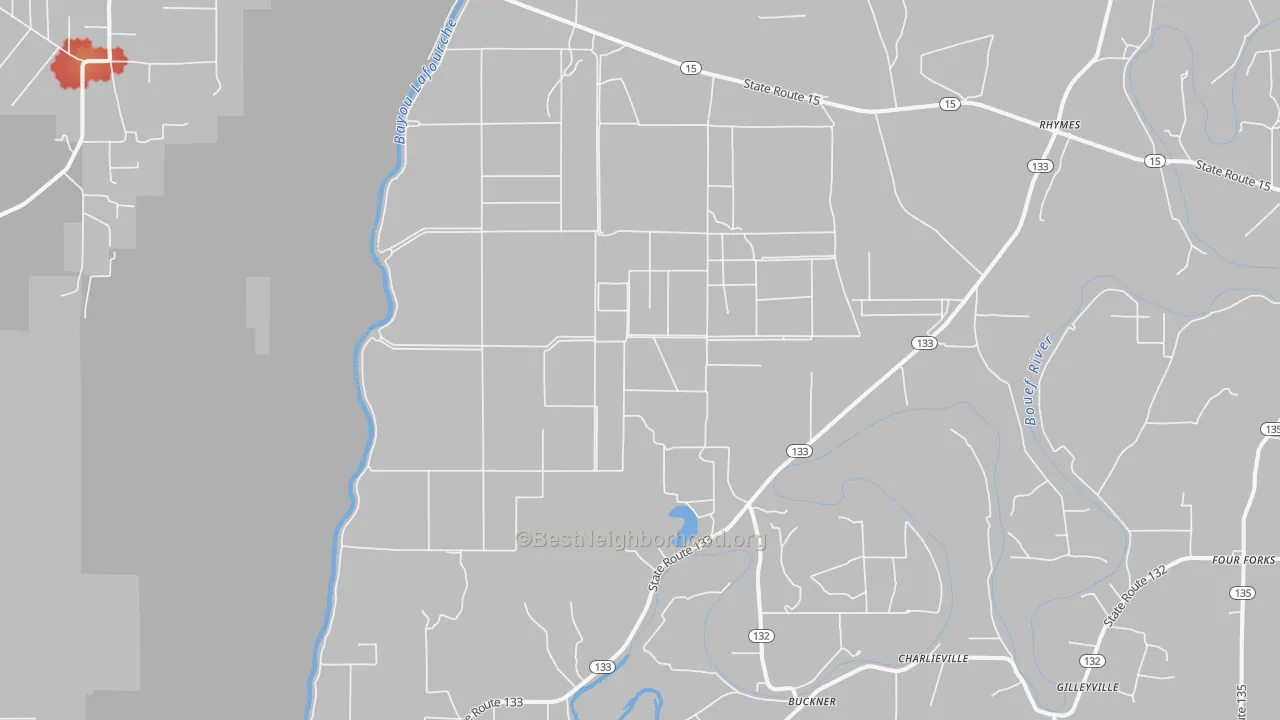Walk Grade map of Buckner, LA, walkable areas in green and car-dependent areas in red