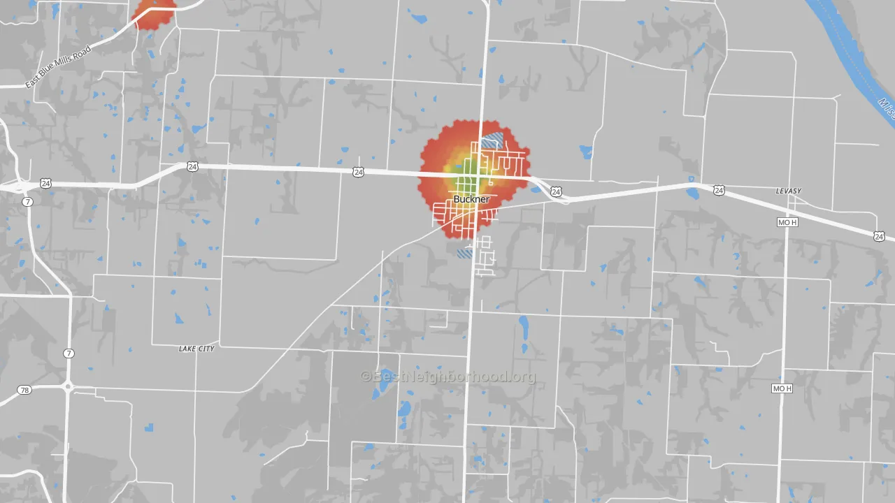 Walk Grade map of Buckner, MO, walkable areas in green and car-dependent areas in red