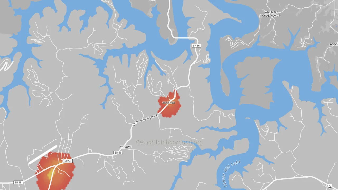 Walk Grade map of Buckner, TN, walkable areas in green and car-dependent areas in red