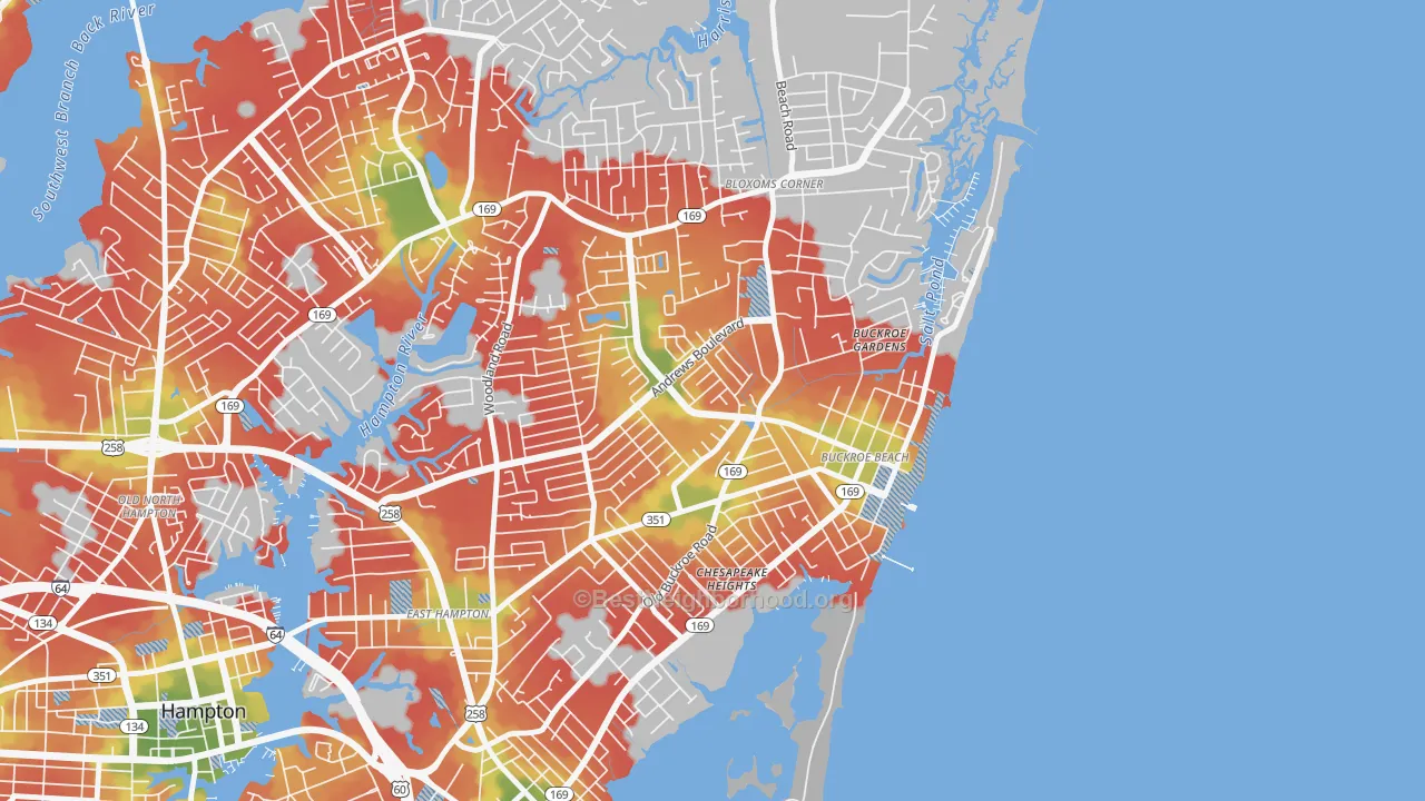 Walk Grade map of Buckroe, Hampton, VA, walkable areas in green and car-dependent areas in red