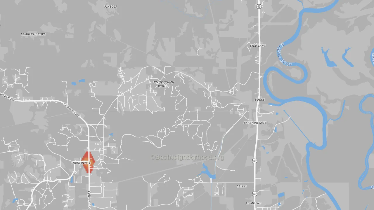 Walk Grade map of Bucks, AL, walkable areas in green and car-dependent areas in red