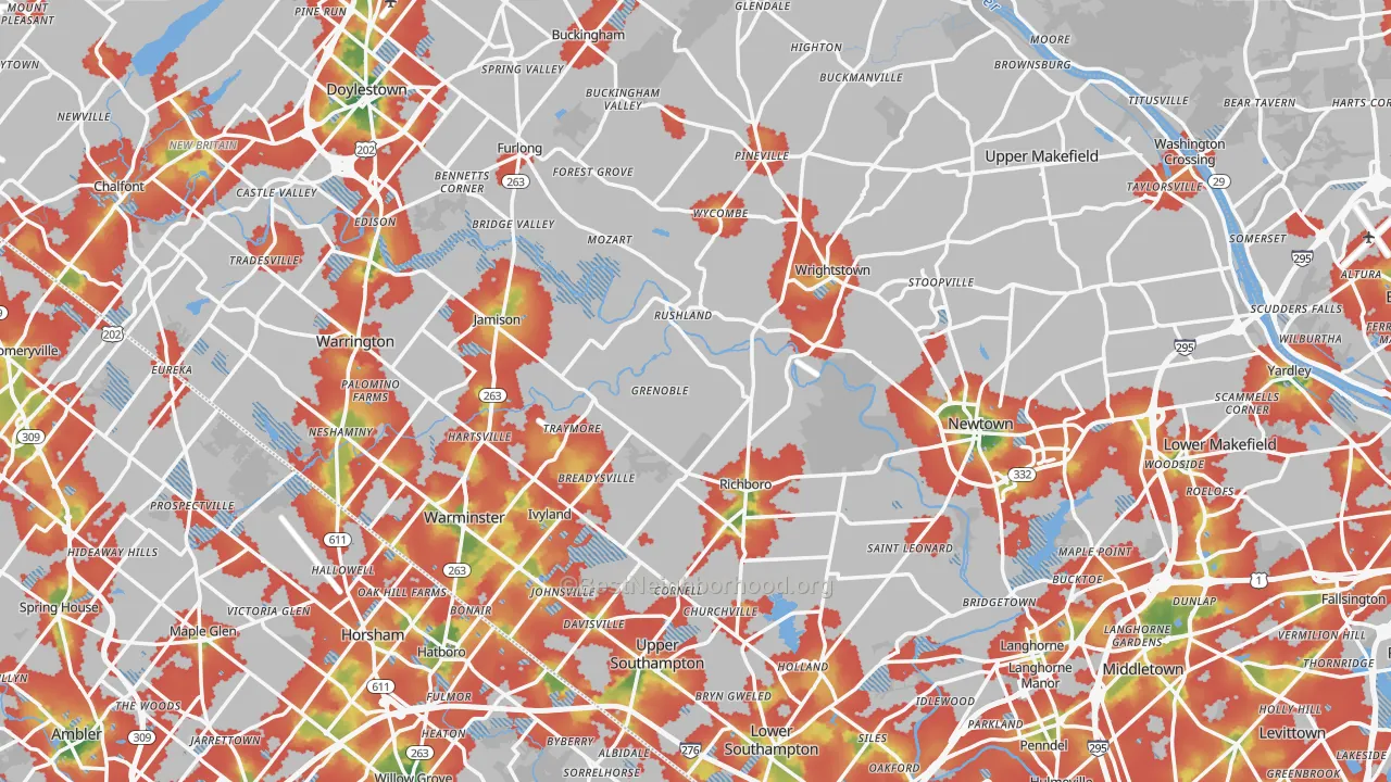 Walk Grade map of Bucks County, PA, walkable areas in green and car-dependent areas in red