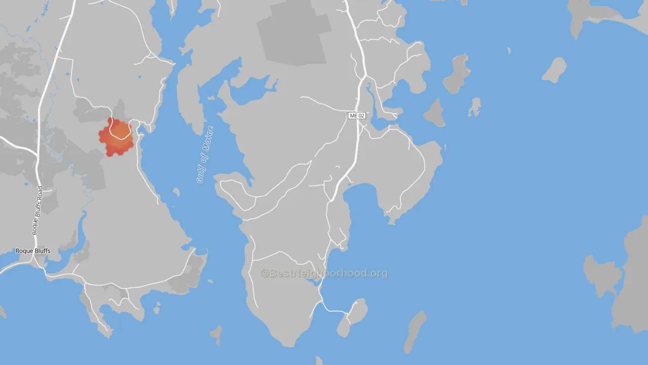 Walk Grade map of Bucks Harbor, ME, walkable areas in green and car-dependent areas in red