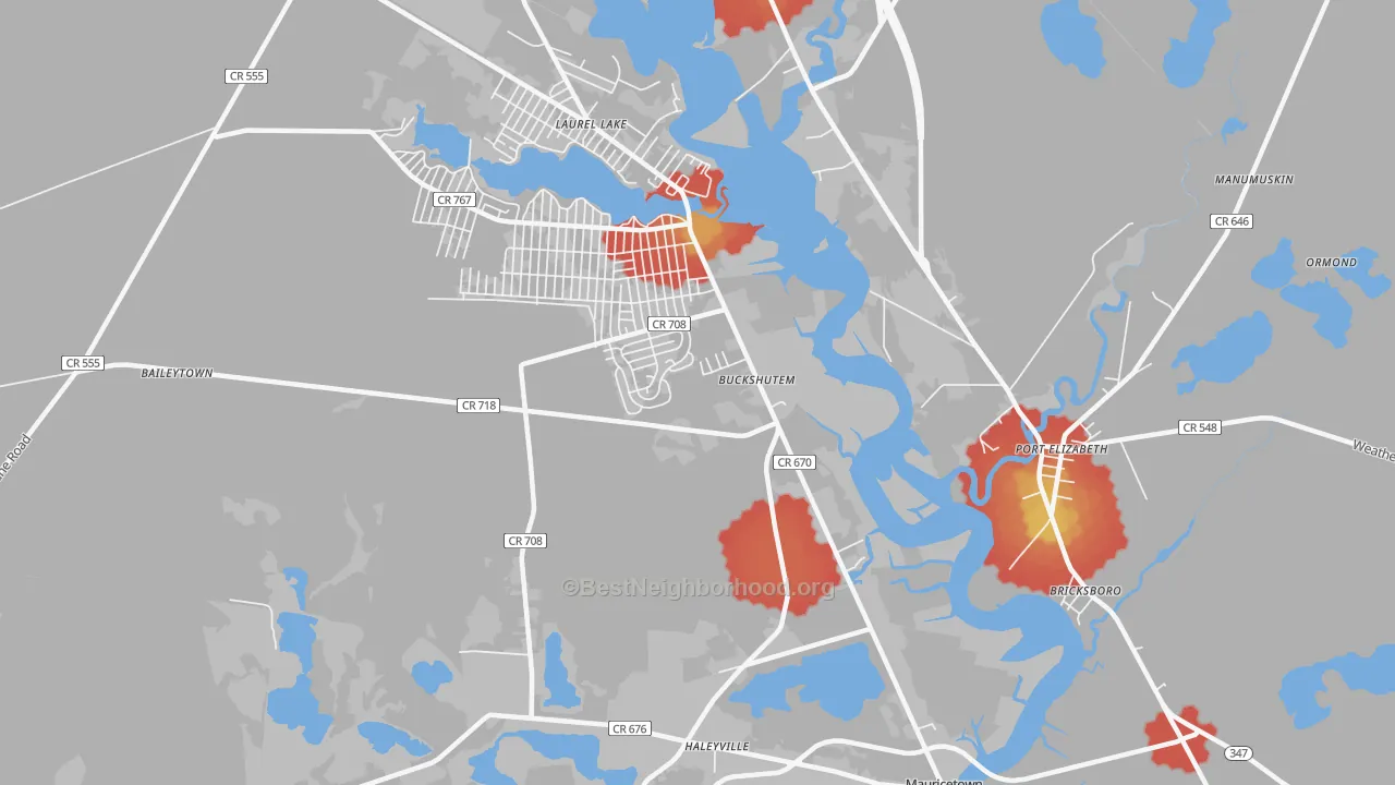 Walk Grade map of Buckshutem, NJ, walkable areas in green and car-dependent areas in red