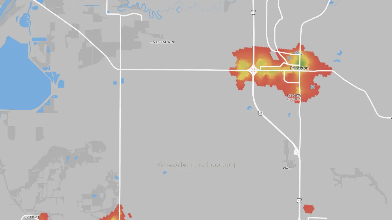 Walk Grade map of Buckskin, IN, walkable areas in green and car-dependent areas in red