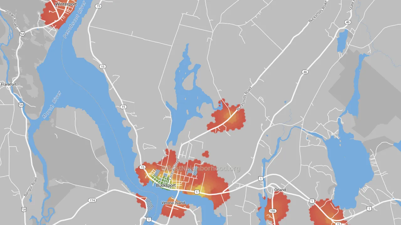 Walk Grade map of Bucksport, ME, walkable areas in green and car-dependent areas in red