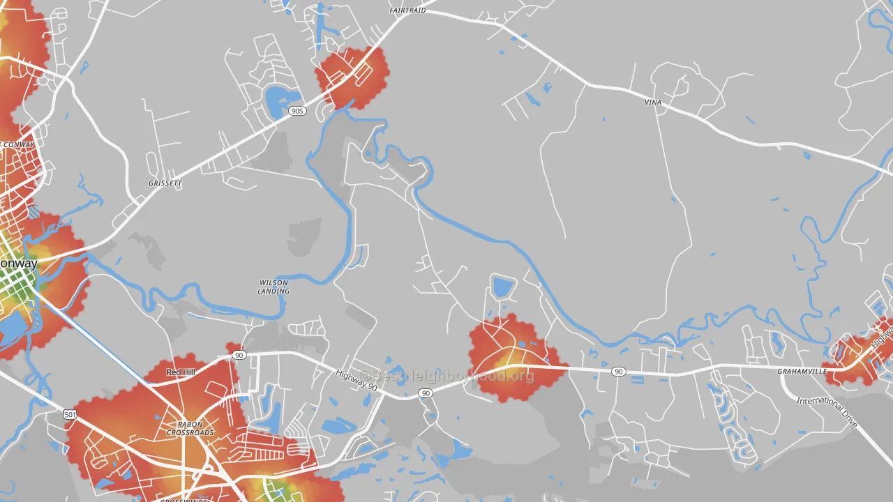 Walk Grade map of Bucksville, SC, walkable areas in green and car-dependent areas in red