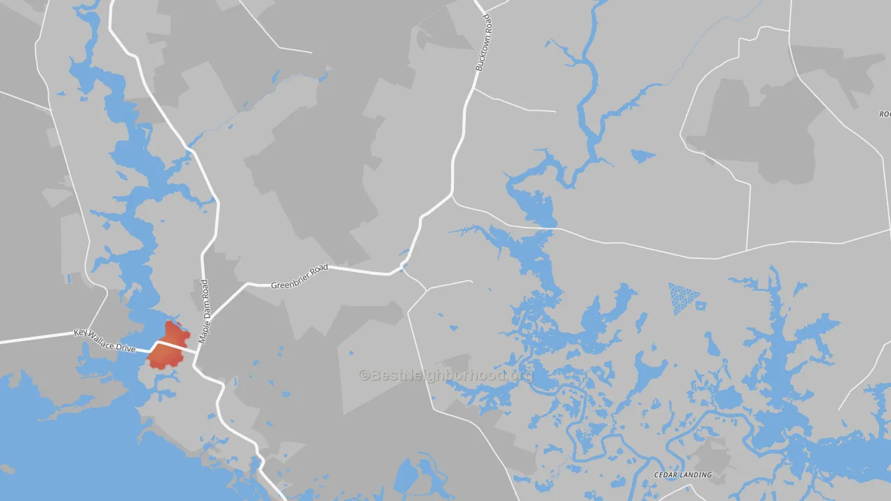Walk Grade map of Bucktown, MD, walkable areas in green and car-dependent areas in red