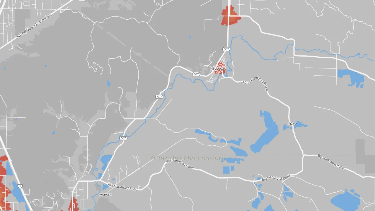 Walk Grade map of Bucoda, WA, walkable areas in green and car-dependent areas in red